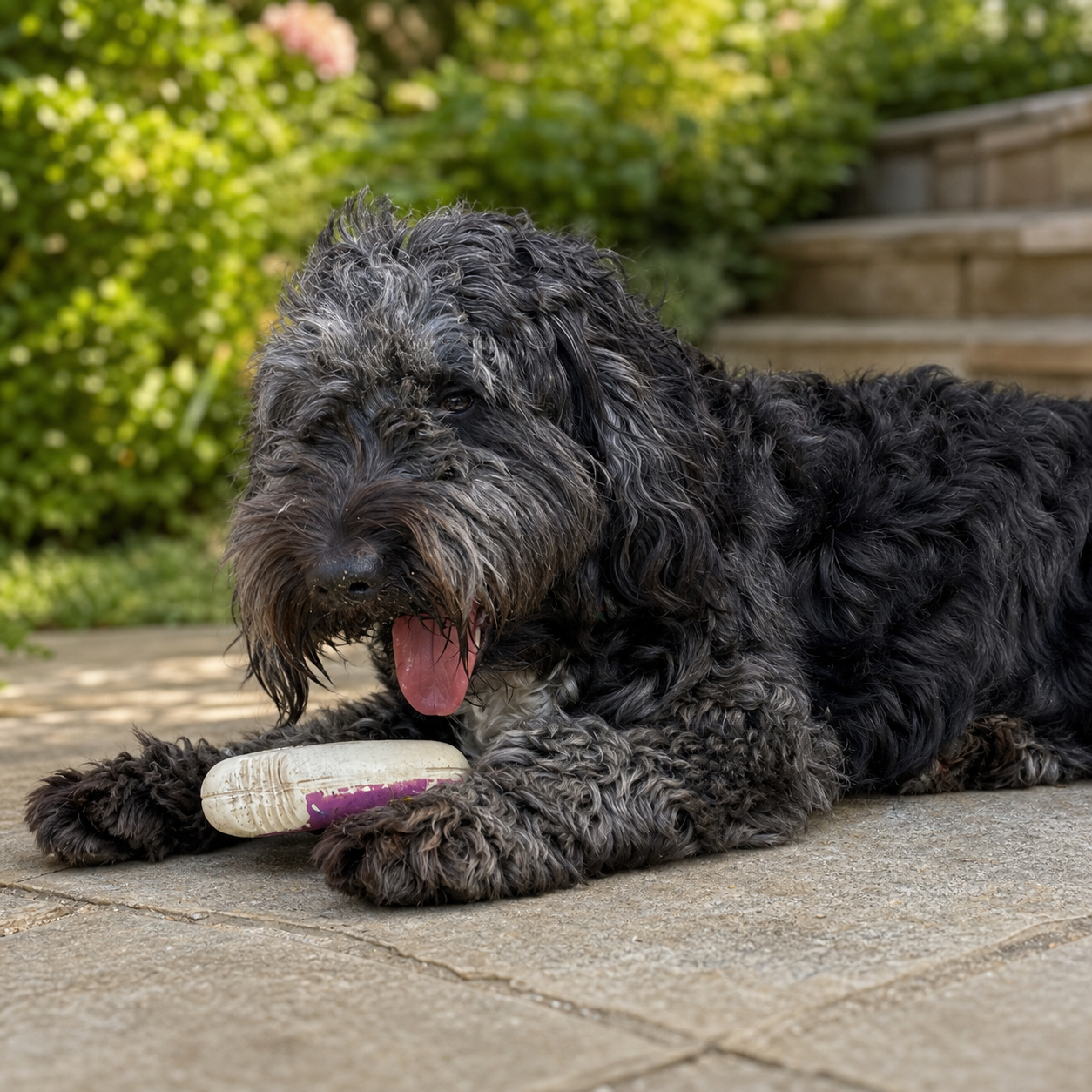 Betsy, Hazelwick's black cockapoo, resting in the garden with her toy