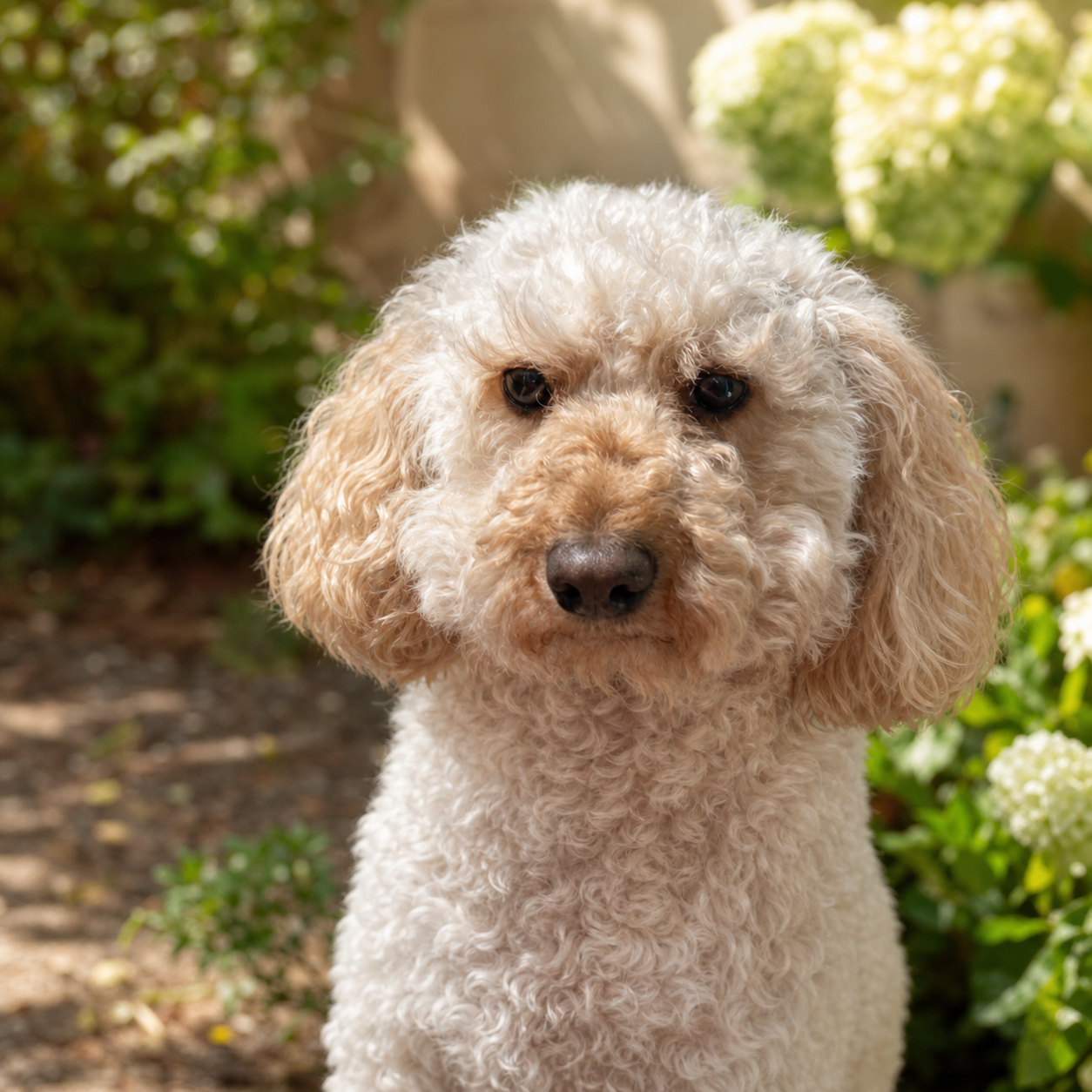 Emme, Hazelwick's cream cockapoo, sitting in the garden
