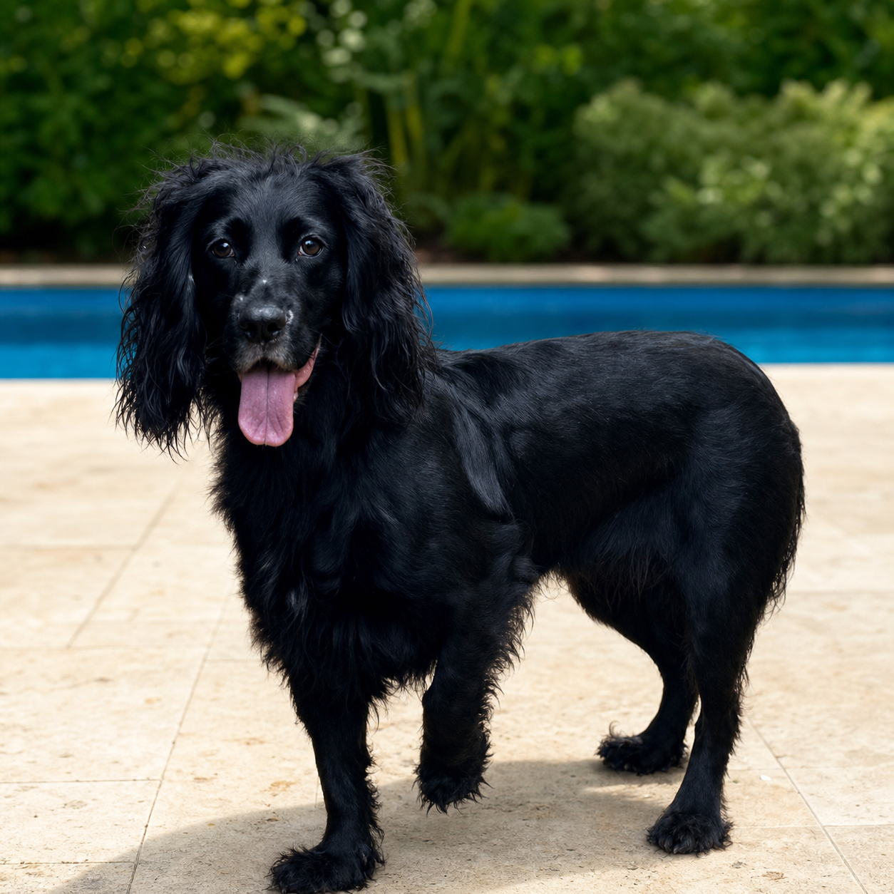 Jessie, a black working cocker spaniel, standing beside Hazelwick's pool