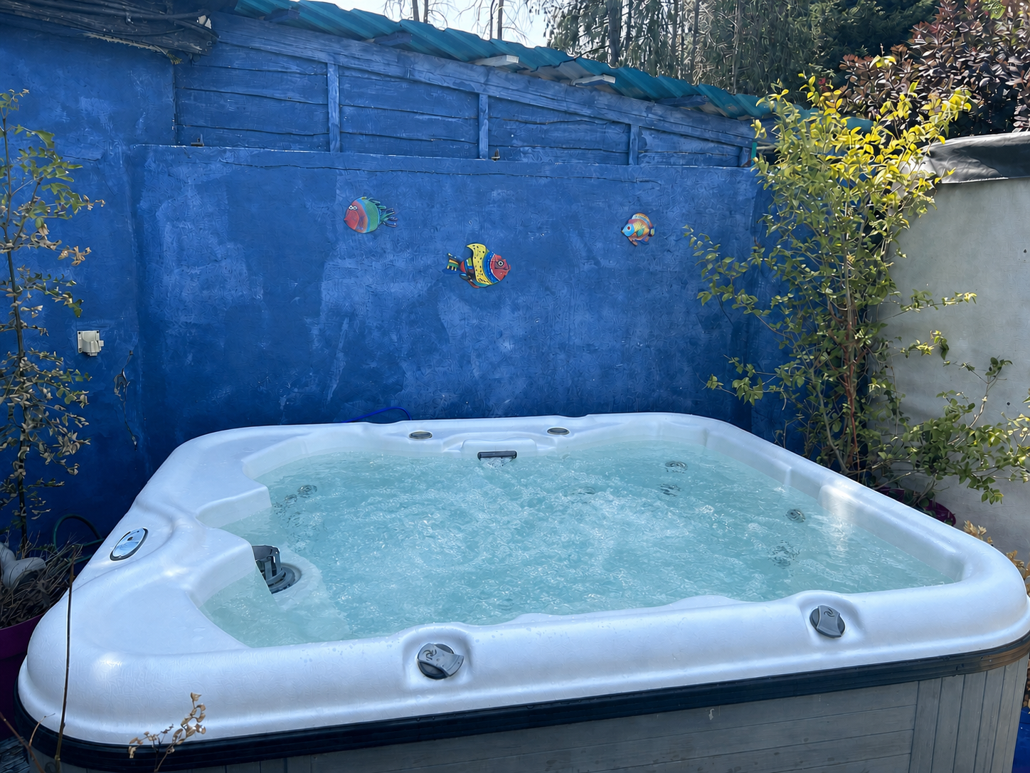 Hazelwick's outdoor hot tub filled and bubbling against a bright blue garden wall